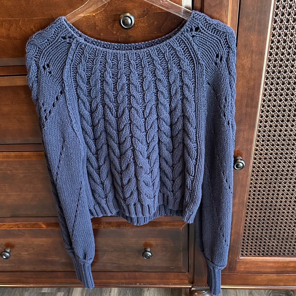 FREE PEOPLE Sandre Pullover Cable-Knit Cropped Sweater Navy Blue SIZE XS NWOT